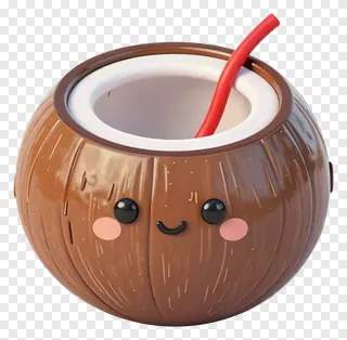 A cute coconut-shaped cup with a red straw and a smiling face.
