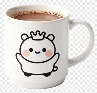 White mug with a cartoon bear wearing a crown and hot chocolate.