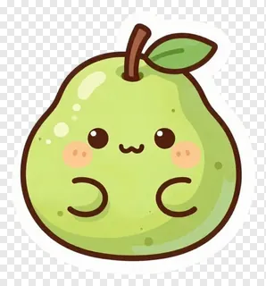 A cute green pear with a smiling face and a leaf.