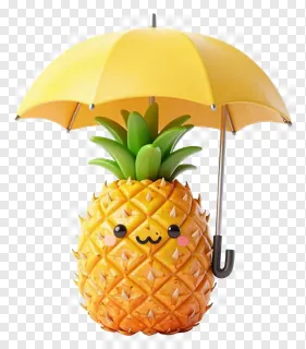 A smiling pineapple holding a yellow umbrella.