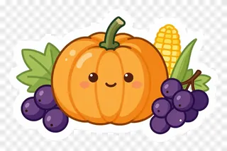 A smiling pumpkin with grapes and corn in a harvest arrangement.