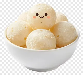 A bowl of white rasgulla with a smiling face on one ball.