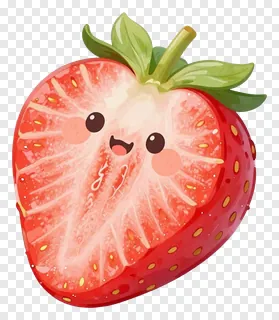 A smiling strawberry slice with green leaves.