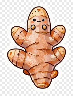 A cute, anthropomorphic turmeric root with a smiling face.