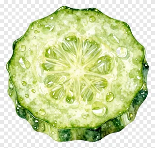A cucumber slice covered in dewy water droplets.
