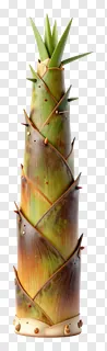 A close-up of a young bamboo shoot with layered sheaths and emerging leaves.