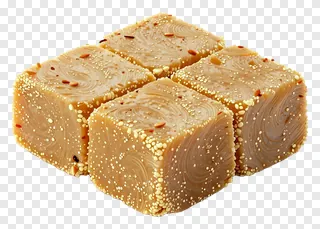 Four pieces of kaju katli sweet arranged in a cluster.