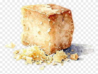 A block of parmesan cheese with grated shreds.