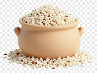 A terracotta pot overflowing with rice grains.