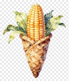 A watercolor-style cornucopia filled with golden corn.