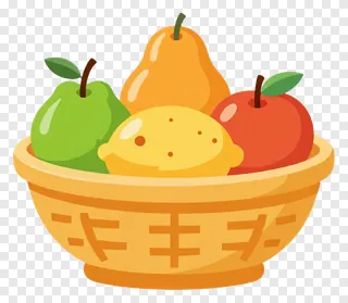 A cartoon fruit basket with green, orange, and red fruits.