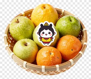 A fruit basket with a cartoon sticker on top.
