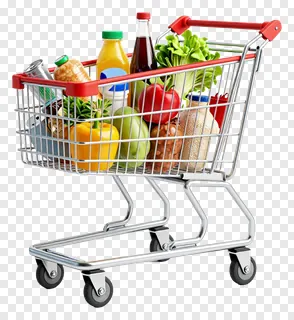 Shopping cart full of fresh produce and drinks.
