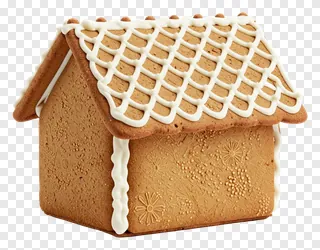 A gingerbread house with a white icing grid roof.