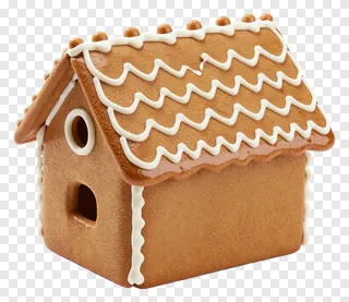 A gingerbread house with white icing on the roof.