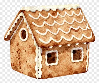A gingerbread house with white icing on the roof and windows.