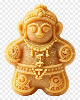 A golden laddu shaped like a gingerbread man with detailed decorations.