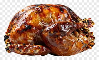 Roasted turkey covered in glossy glaze and black caviar.