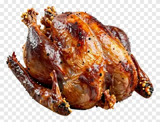 Roasted turkey covered in glossy glaze and black peppercorns.