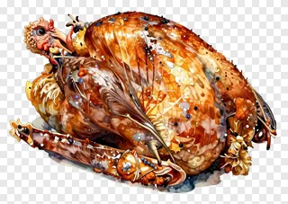 Roasted turkey covered in shiny glaze and small blue decorative beads.