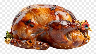 Stylized roasted turkey figure with large blue eye.