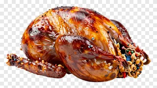 A shiny roast turkey decorated with multicolored beads.