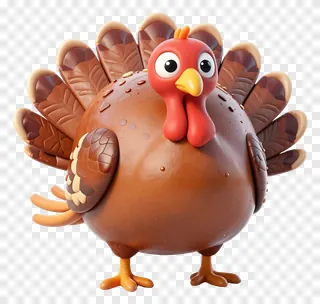 A cartoon turkey with glossy brown feathers and orange feet.