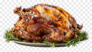 Roasted turkey glazed and garnished with rosemary on a plate.