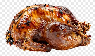 Roasted turkey covered in glossy brown sauce and spice sprinkles.