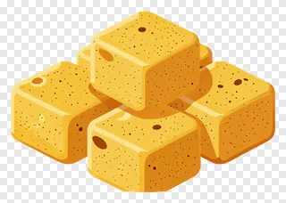 Stack of golden besan ladoo cubes with holes.