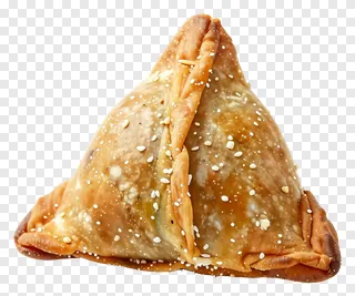 Crispy golden samosa topped with sesame seeds.