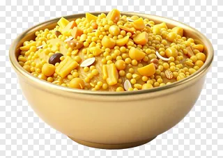 A golden bowl filled with dal makhni.