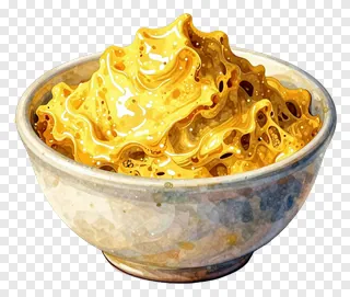 A bowl filled with golden gulal powder.