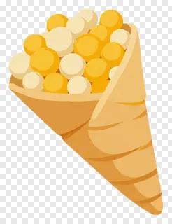Cartoon cornucopia filled with corn kernels in a paper cone.