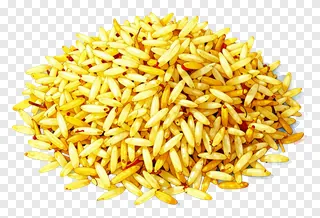 A pile of saffron turmeric rice with red threads.