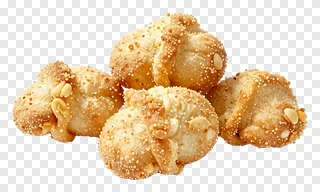 Cluster of golden snack bites with sesame and peanuts.