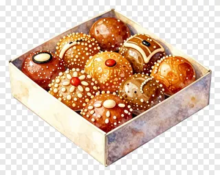 A box of Indian sweets painted in watercolor style.