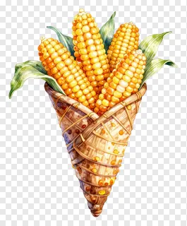 A watercolor drawing of a cornucopia filled with golden corn.