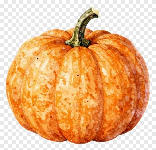 An orange pumpkin painted in watercolor with a green stem.