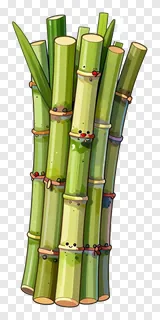 A bundle of green sugarcane stalks.