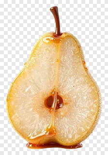 A sliced pear covered in honey syrup.
