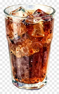 A glass of iced beverage with ice cubes.
