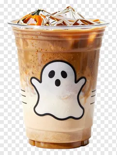 An iced pumpkin spice latte in a cup with a ghost design.