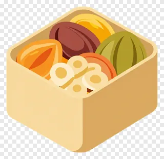 A wooden box filled with assorted dried fruits shown in isometric perspective.