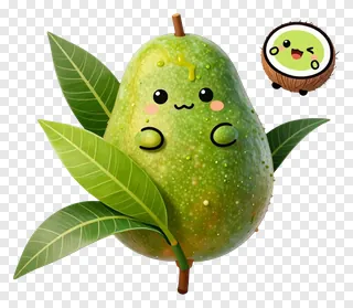 Cute animated mango surrounded by green leaves and a small happy coconut.