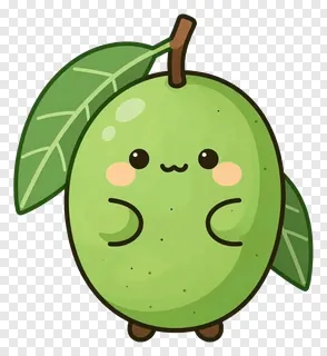 A smiling cartoon mango with leaves.