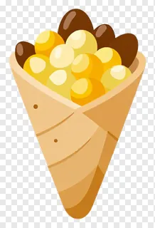 Cartoon cornucopia filled with corn kernels in a paper cone.