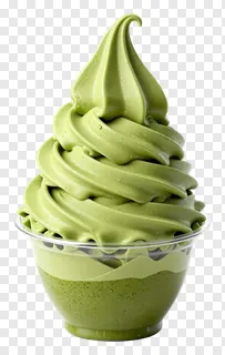 A green matcha ice cream swirl in a clear cup.