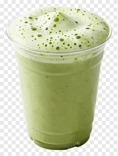 A green tea latte with frothy foam in a clear cup.