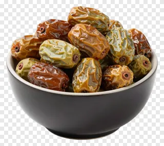 A black bowl filled with dates of different shades.